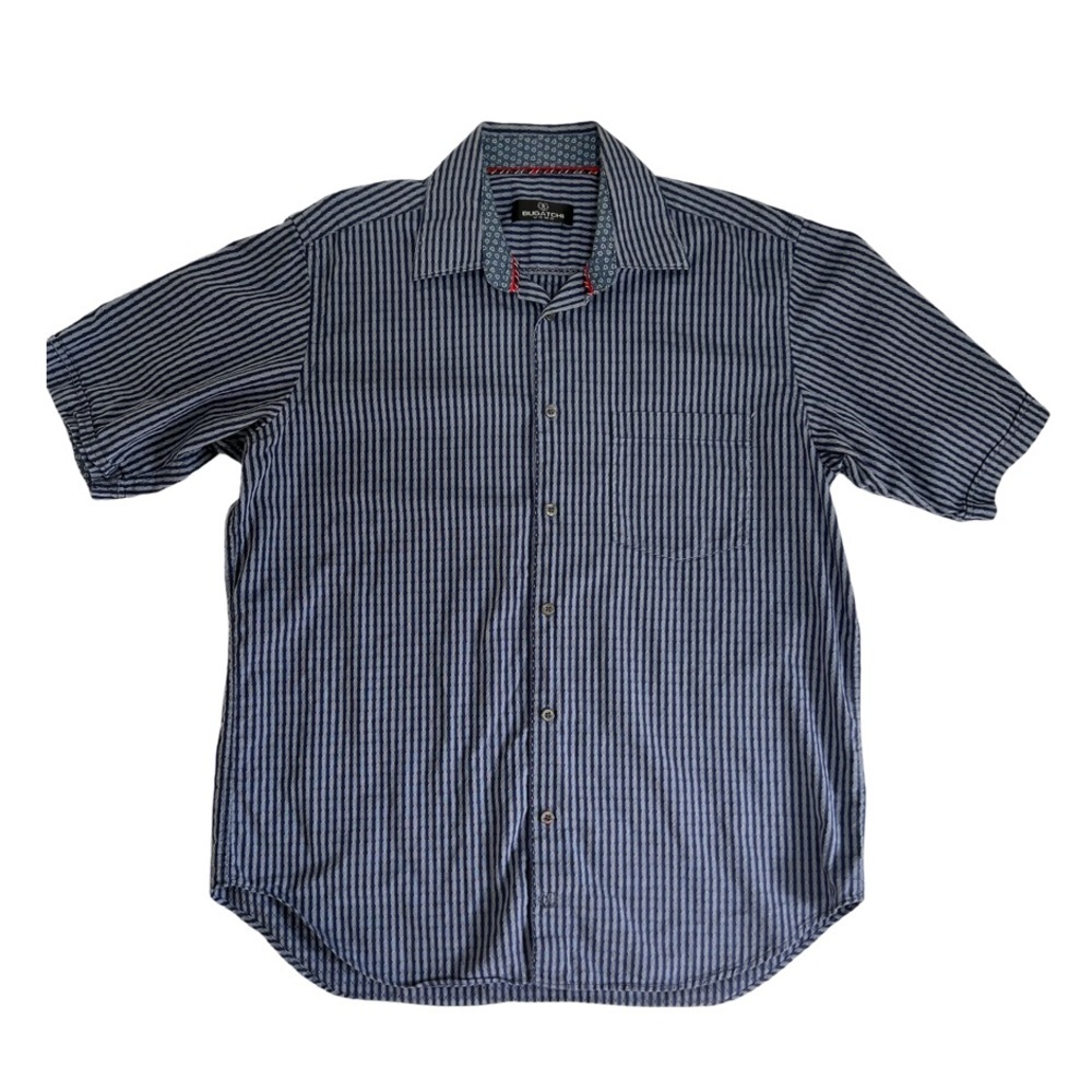 Bugatchi Uomo Blue Striped Short Sleeve Cotton Shirt size large